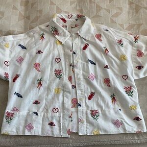 Caroline Constas White Blouse with Multicolor Embroidery